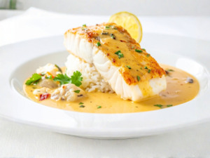 Heilbuttfilet auf Reis auf teller