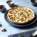 Pilzquiche auf einem teller auf dem Esstisch