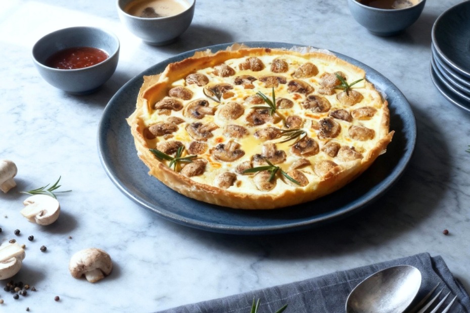 Pilzquiche auf einem teller auf dem Esstisch