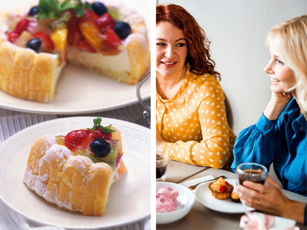 Frauen am Tisch mit Kaffee, Kuchen angeschnitten auf tisch