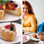 Frauen am Tisch mit Kaffee, Kuchen angeschnitten auf tisch