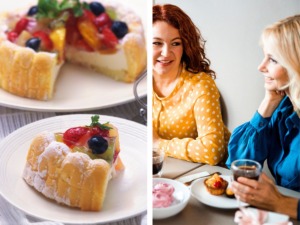 Frauen am Tisch mit Kaffee, Kuchen angeschnitten auf tisch