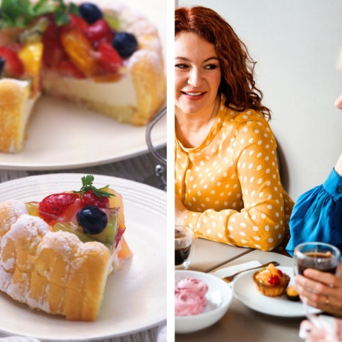 Frauen am Tisch mit Kaffee, Kuchen angeschnitten auf tisch