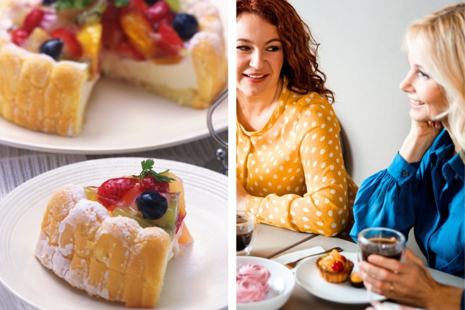 Frauen am Tisch mit Kaffee, Kuchen angeschnitten auf tisch